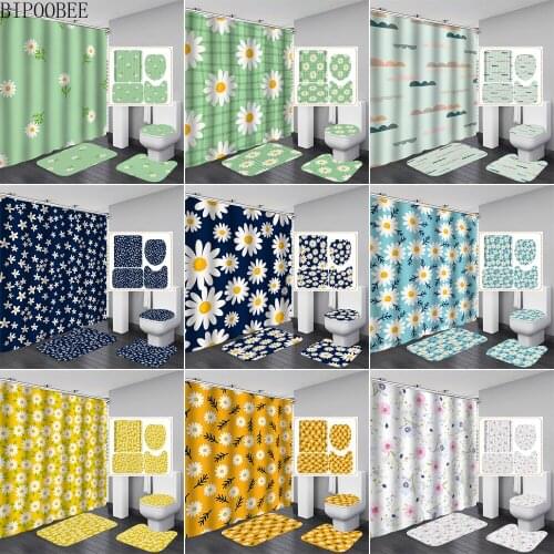 Small Fresh Shower Curtains Beautiful Flowers Bathroom Curtain Mildew Proof Durable Washroom Rugs Toilet Cover Bath Mat Carpet