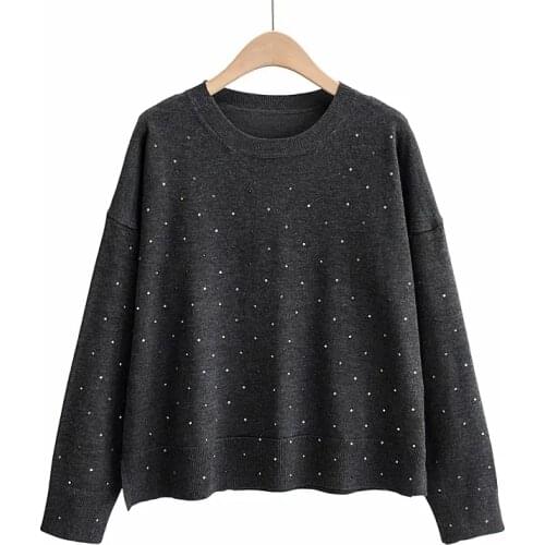 ZA New Autumn Winter Women O Neck Hot Drilling Sweaters Pullovers Warm Minimalist Solid Knit Shirt Lady Chic Tops