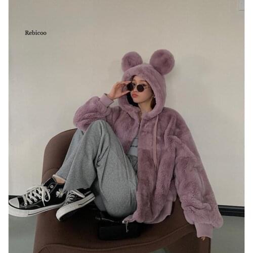 Leopard Coat Women Winter Top Fashion Faux Fur Coat Elegant Thick Warm Bear Hood Outerwear Fake Fur Jacket Chaquetas Mujer