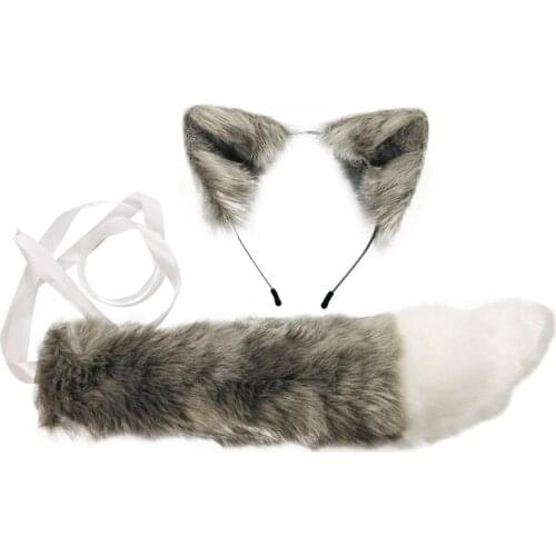 Faux Fur Kitten Wolf Ears Headband Long Tail Set Candy Color Anime Dress Up Animal Cosplay Costume Halloween Party Props