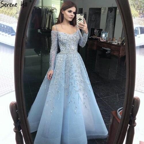 Serene Hill Blue Luxury A-Line Evening Dress 2021 Long Sleeve Beading Spaghetti Strap Sexy Women Formal Party Wear Gown CLA70812