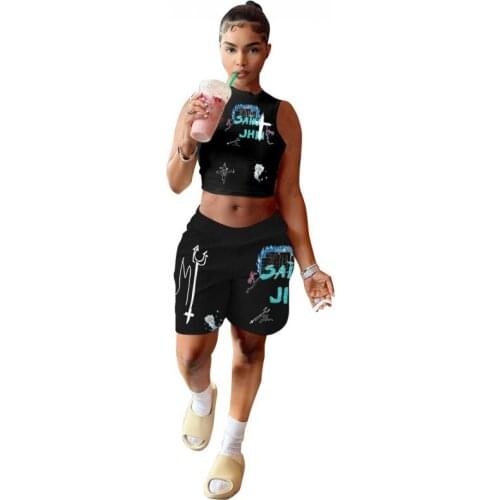 Tracksuit Shorts Sets Women O Neck Tank Crop Top And Pant Suits Summer New Letter Print Street Style Hip Hop Two Piece Set Women