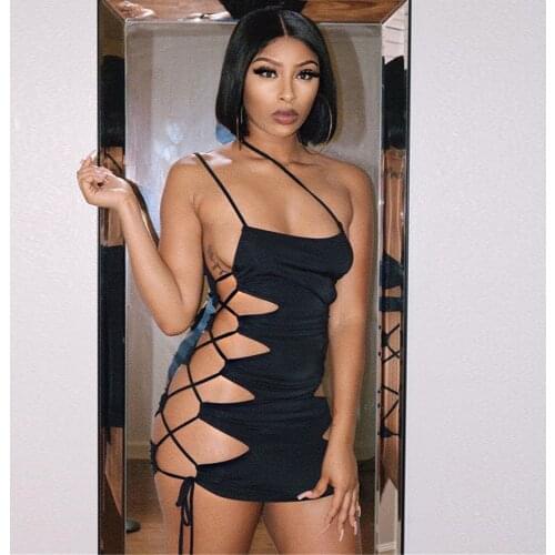XLLAIS Knitting Black Mini Dresses For Women Summer Sexy Party Bandage Vestidos Ladies Lace Up Soft And Stretchy Robe Clothes