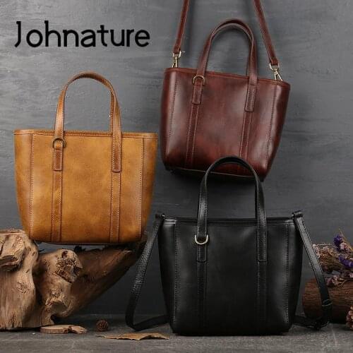Johnature Women Genuine Leather Shoulder Bags Handbag 2021 New Business Commuting Retro Large Capacity Cowhide Tote Bag