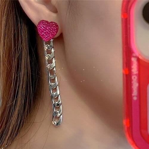 AENSOA Trendy Heart Crystal Silver Color Chain Long Dangle Earrings for Women Wedding Fashion Drop Earring Fashion Jewelry Gift