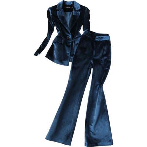 Womens Work Pant Suits OL 2 Piece Sets solid color casual blazer Jacket Wide leg pants two-piece female temperament Pant suits
