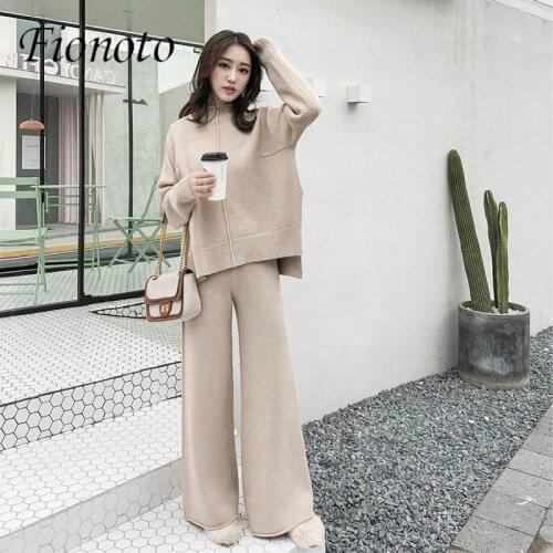 Fionoto Two-piece pant suits for women 2020 winter knitted long sleeve sweater wide-leg pants suit lady korean style fashion set