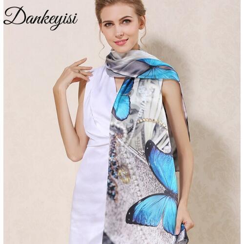 DANKEYISI 100% Pure Silk Scarf Women Bandana Long Print Mulberry Women Scarf Female Beach Scarf Luxury Brand Shawls Wraps