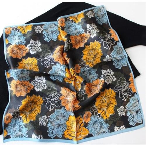 POBING 100% Pure Silk Scarf Women Floral Print Square Scarves Wraps Silk Foulards Head Neckerchief Hijab Tie Bandana 53X53CM