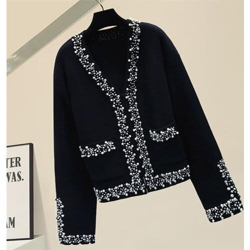 Black Cardigan Woman Autumn Beaded V-neck Knitted Coat Womens 2021 New Style Loose Outer Cropped Cardigans Female