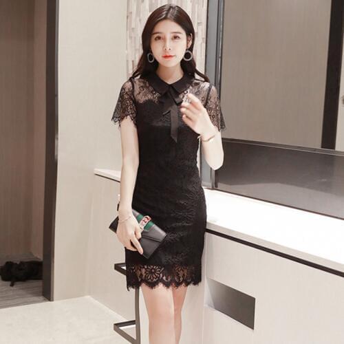 Summer Black Lace Dresses Bow Collar Short Sleeve High-end Women Dress Office Lady Sexy Party Vintage Bandage Sheath Mini Dress