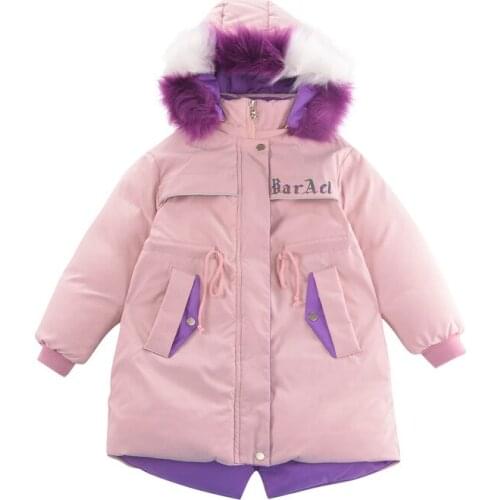 2021 girls winter new Korean version of thick down color fur collar mid-length cotton-padded coat, big childrens warm quilted j
