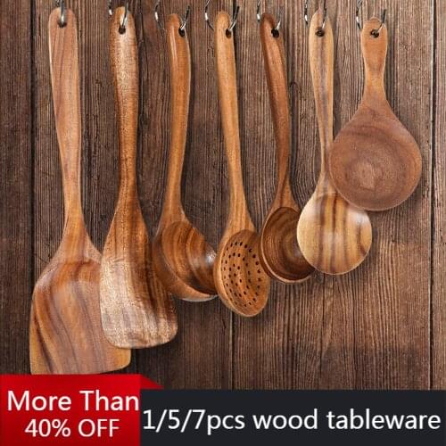 1/5/7pcs Teak Natural Wood Tableware Spoon Ladle Turner Rice Colander Soup Skimmer Cooking Spoon Wooden Kitchen Tool Kit