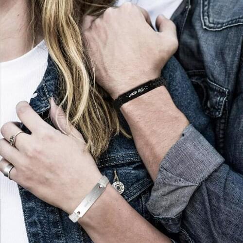 2peices Couples Bracelets, Handmade Braided Cord Matching Bracelet,stainless Steel ID Tag Bar Bracelet