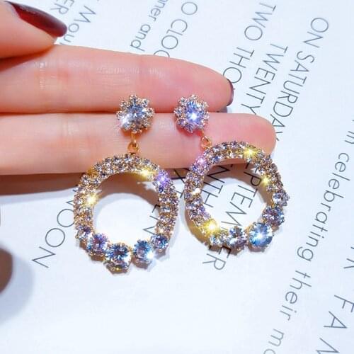 2020 New Trendy Jewelry Personality Stars Moon Asymmetrical Round Dangle Earrings wholesale Cubic Zirconia Clear Bijoux