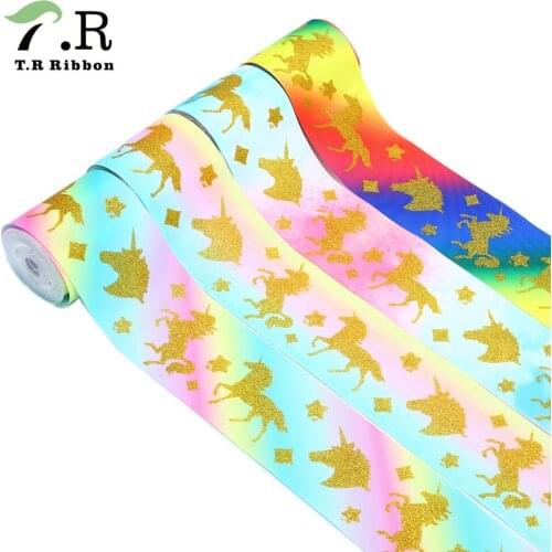 3"75mm gold glitter Unicorn Printed Grosgrain Ribbon 10 yards/lot webbing diy sewing accessories