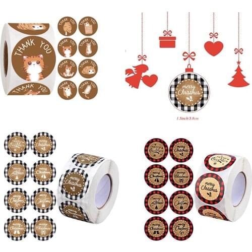 500Pc Merry Christmas Thank You Plaid Decorative Sticker Wrapping Gift Box Label Xmas Tags For Small Owners Sellers Baking Decor