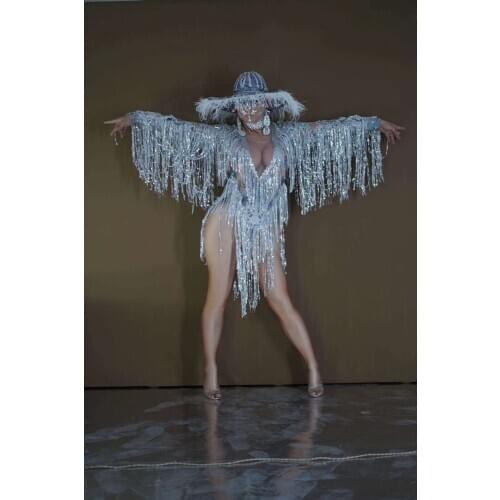 Sparkly Silver Sequin Fringe Elasticity Bodysuit Birthday Celebrate Outfit Women Dancer DS Show Prom Party Bar Wear
