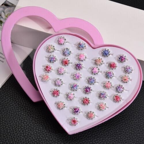 Exquisite Resin Flower Rings Set Silver Color Adjustable Rhinestone Finger Rings for Women Girl Fashion Party Jewelry 36pcs/lot