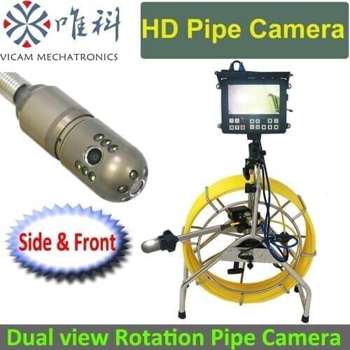 360 degree view rotation drain pipe inspection camera with 60m cable and built in 512hz sonde 45mm dual view camera head