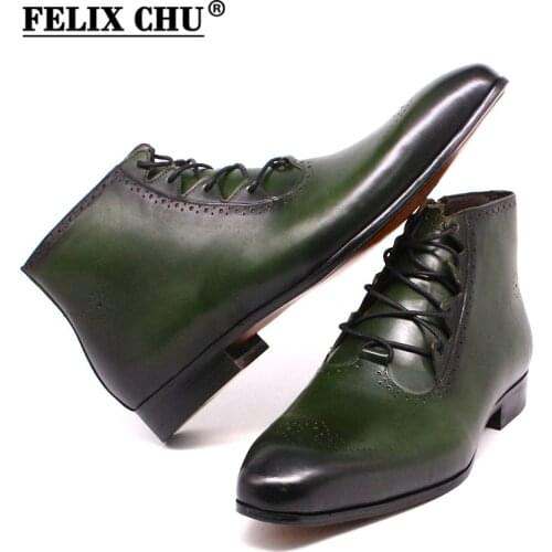 Classic Genuine Calf Leather Mens Ankle Boots Men Casual Boots Green Blue Lace Up Mens Dress Boots Mens Leather Western Boots