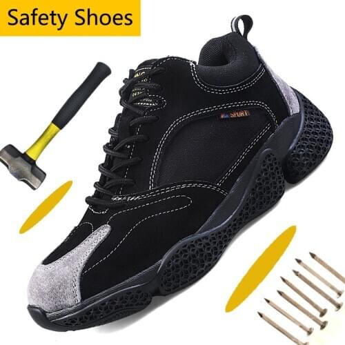 2020 Leather Steel Toe Safety Shoes Men Puncture Proof Construction Safety Work Shoes Lightweight Sneakers Outdoor Hiking Shoes