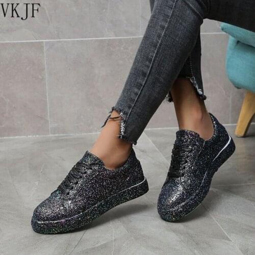Shiny Sequin Women Sneakers Autumn Leather Light White Sneaker Female Platform Vulcanized Shoes Women Lace Up Casual Shoes Woman