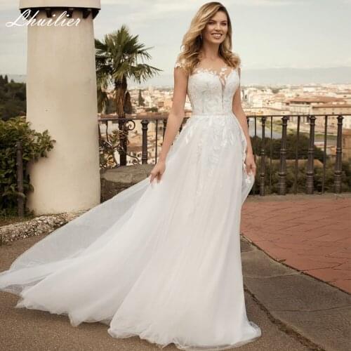 Lhuilier Womens Scoop Neck A-line Tulle Wedding Dresses 2021 Floor Length Short Sleeves Sweep Train Bridal Gowns