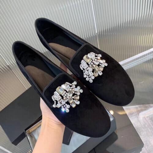 Luxury Rhinestone Velvet Leather Loafers For Women Slip-On Pedal Round Toe Casual Single Shoes Black Lazy Women Flat Shoes Zapat