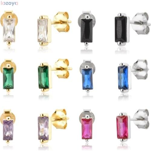 LOZOYA 925 Sterling Silver 12 Colors Square Zircon Fashion Fine Stud Earring Piercing Pendiente Clips Women Jewelry Gift Mini