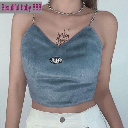 Meqeiss cute hairy camisole women crop tops Metal chain sling design tank top 2021 summer hot casual party streetwear vest mujer