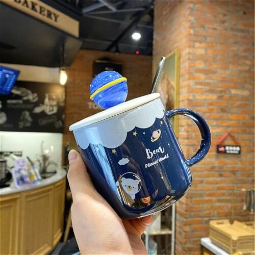 Cartoon Mug With Lid Spoon Planet Cup Cute Male and Female Student Coffee Cup Home Breakfast Cup Ceramic Water Cup