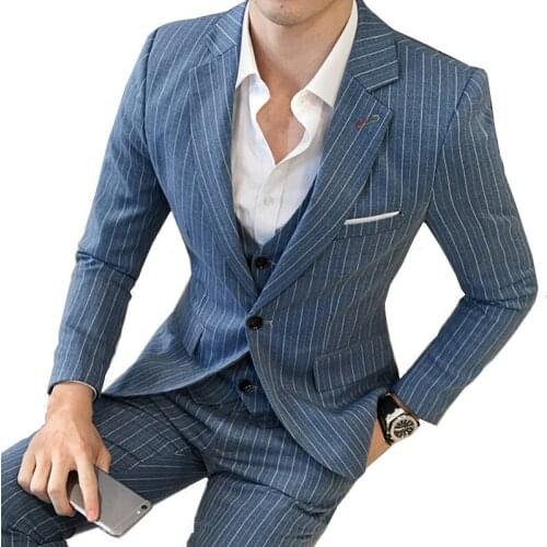 British Style Mens Slim Fit Stripe Business 3 Piece Suit Set / High-end Plus Size Fashion Men Blazer Coat Vest Pants