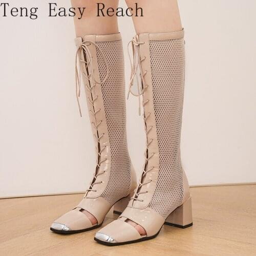 New Arrival Women Cow Leather Cool Boots Knee High Breathable Mesh Shaft Solid Color Thick Heels Lace Up Zipper