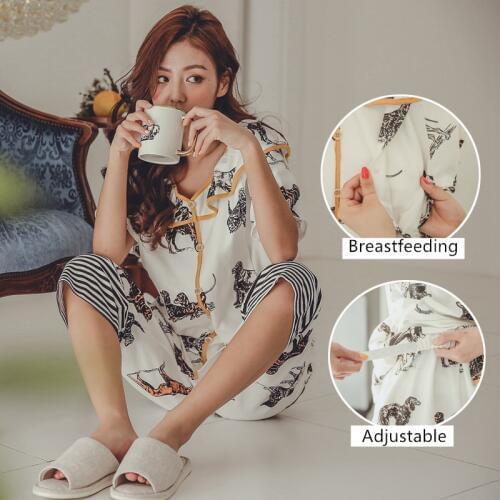 Maternity Sleepwear 2pcs Summer Dog Print Short Sleeve Shorts Nursing Pajamas for Pregnant Women Breastfeeding Clothes Sets
