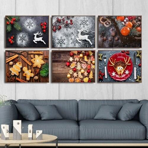 Merry Christmas Food Canvas Painting Biscuit Pizza Orange Fruits Wall Art Prints Posters Pictures Kids Room Home Decoration