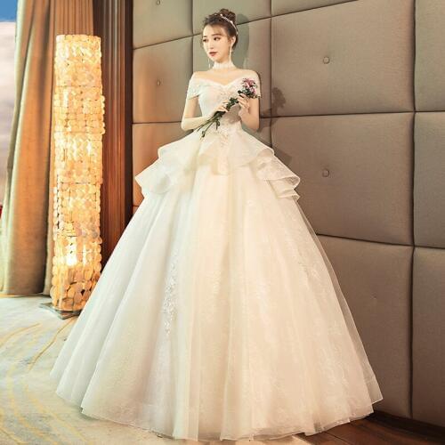 Wedding Dress 2021 Floor Length Short Sleeves New Style Boat Neck Beads Bride Married Dress Slim Plus Sizes
