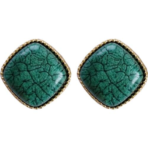 Vintage England Royal Court Square Texture Earrings Simple Rhombic Green Blue Stone Clip On Earrings No Piercing Ears Earrings