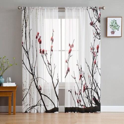 Peach Blossom Branch Window Curtains Bedroom Modern Drape Sheer Tulle Valances Living Room Kitchen Voile Curtain