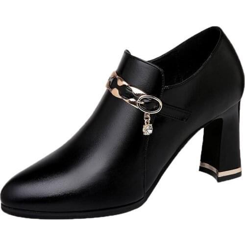 Pointed high heels womens thick heel 2021 new spring autumn deep mouth professional leather shoes single shoes mid-heel women