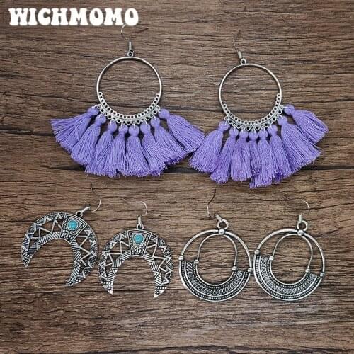 WICHMOMO Retro Bohemia Zinc Alloy Moon Ox Horn Tassels Earrings Womens Accessories Gifts EST004