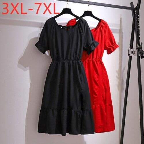 New 2021 Ladies Summer Plus Size Midi Dress For Women Large Short Sleeve Slim Red Black Ruffle Pleated Dress 3XL 4XL 5XL 6XL 7XL