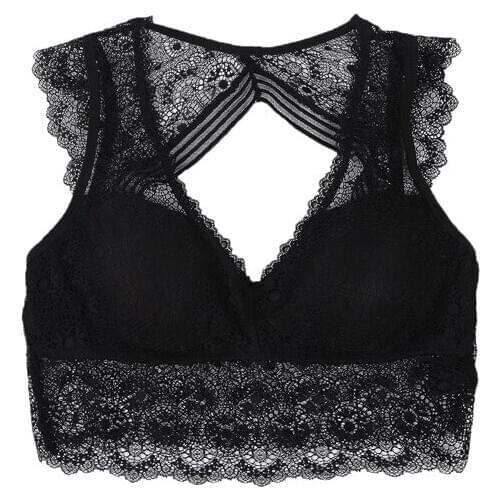 Women Sexy Lace Lingerie Hollowed Out Floral Deep V-neck Underwear Solid Color Exotic Tanks Bra Night Club Wear