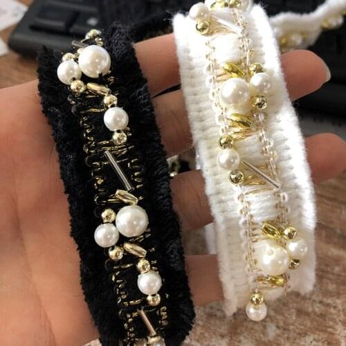 1M/lot 2.5CM wide high-grade black white gold silk pearl lace ribbon clothes sweater neckline decoration accessories AC394