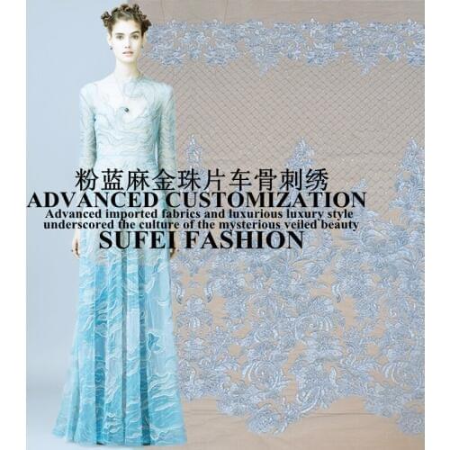 130cm wide water blue carbone floral embroideried net lace wedding dress cheongsam clothes skirt fabric S184