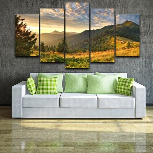 5 Piece Canvas Wall Art Sunset Mountain Clouds Green Nature Landscape Home Decoration Living Room Poster Bed Room Top Picture