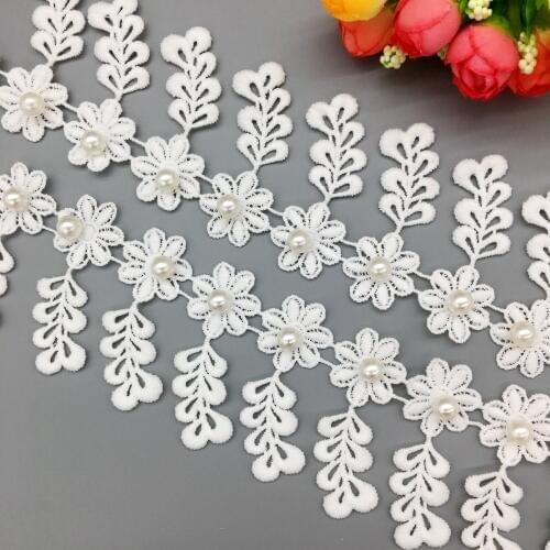 50X White Cotton Pearl Flower Leaf Tassel Lace Trim Ribbon Nigerian Fabric Embroidered Applique Wedding Dress Sewing Craft