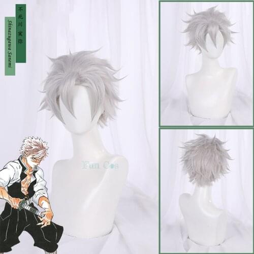 Anime Demon Slayer Shinazugawa Sanemi Cosplay Wig Gray Short Hair Kimetsu No Yaiba Train Mugen Heat Synthetic Hair+ Free Wig Cap