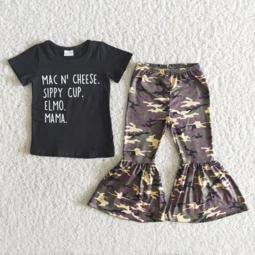 Kids girls boutique clothing letter print black top camouflage flared pants suit baby girl outfits