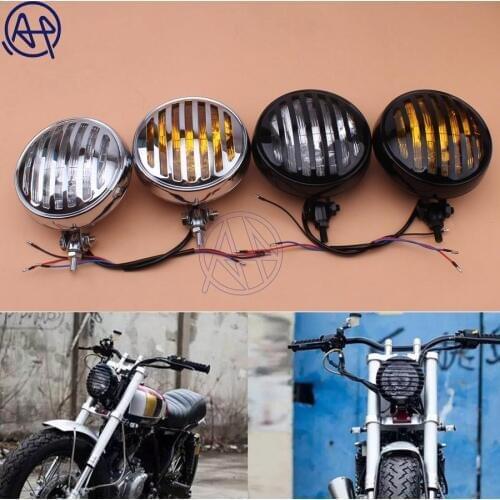 For Harley Chopper Motorcycle Old School Vintage Metal Retro Front Hi-Lo H4 Grill Mask Headlight Clear/Amber Lens Black/Chrome